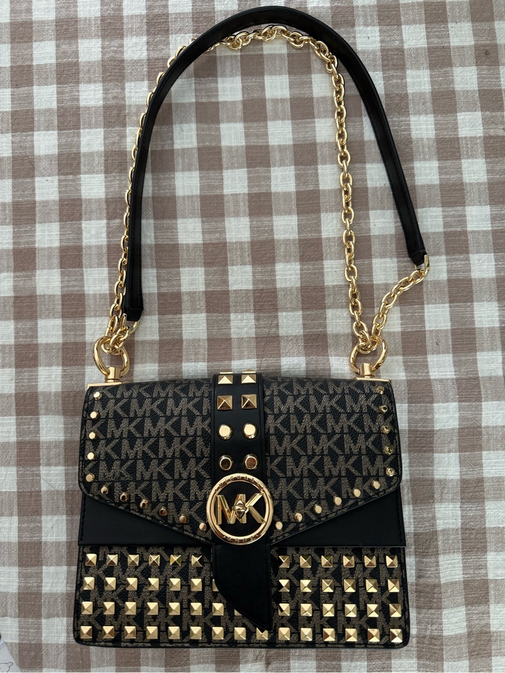 Michael Kors Black and Gold Logo Studded Crossbody Bag
